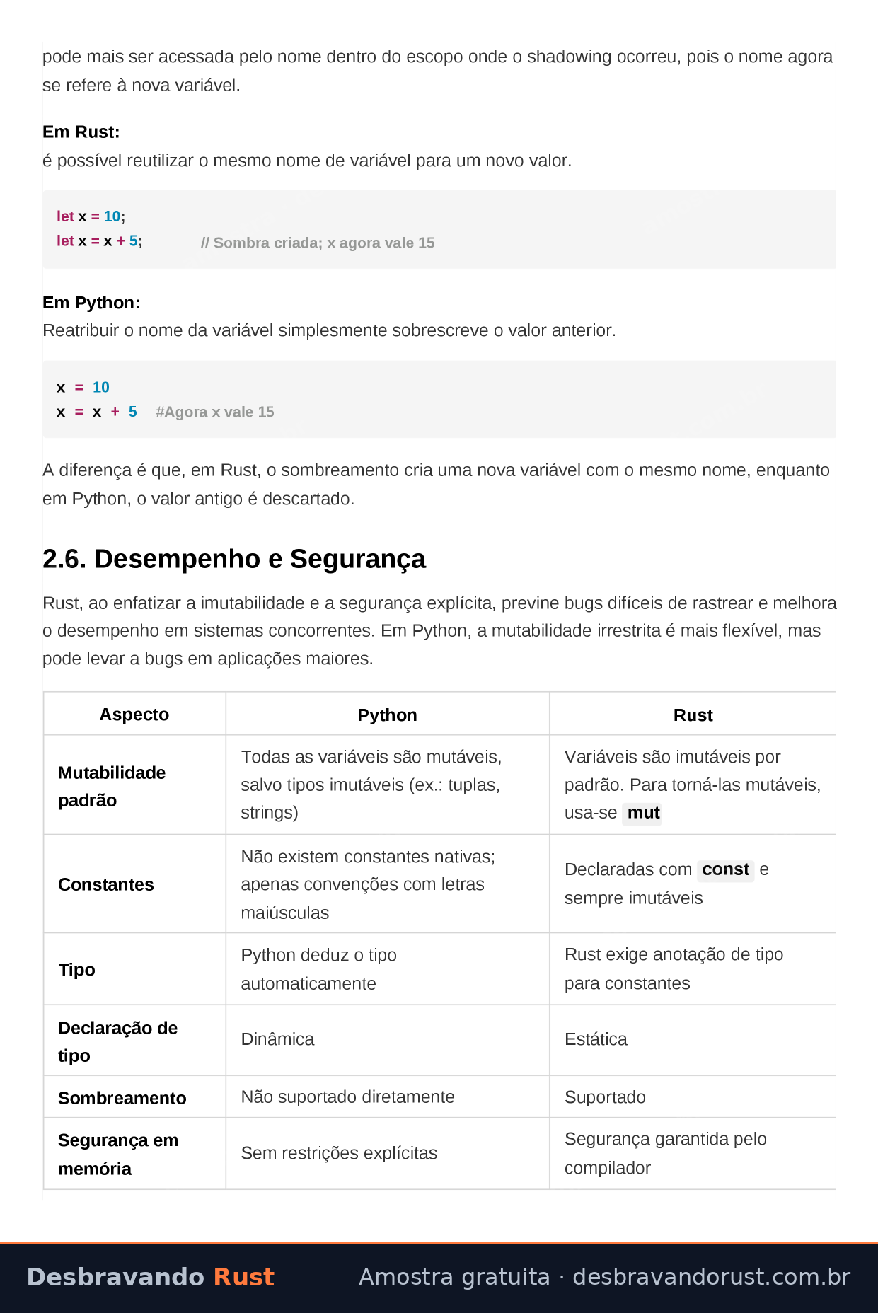 Comparação Python x Rust em tabela no livro Desbravando Rust